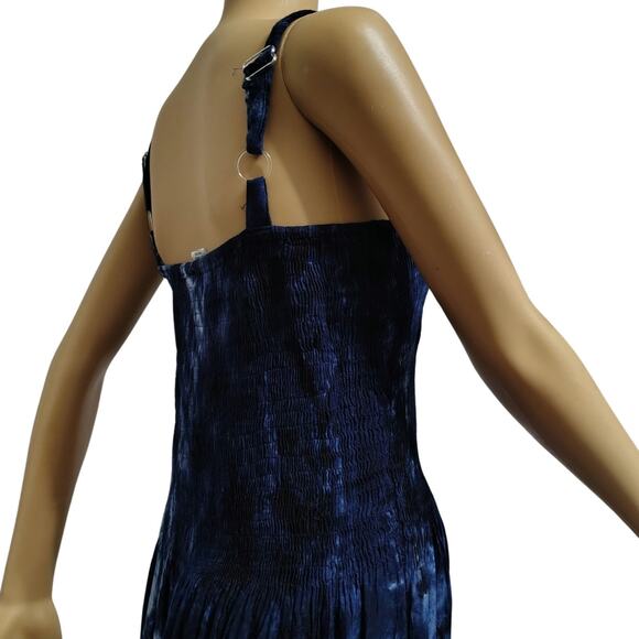 Summer Flowy Dress Blue Tye-Dye Elastic Shirred Top Uneven Hemline One Size - Picture 4 of 8